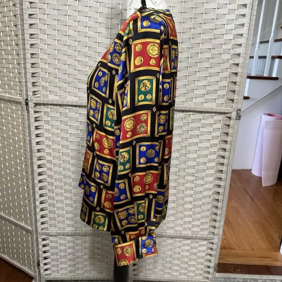 Vintage Talbots Petites Silk Blouse Size 14P Novelty Money Print French Cuffs - Picture 2 of 11